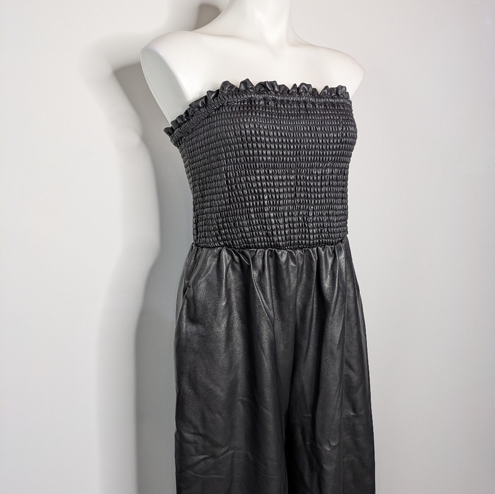 NWT Anthro Black Faux Leather Smocked Balloon Pant Jumpsuit M - Picture 5 of 13